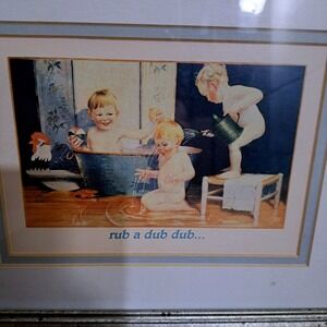 Vintage Framed Print Rub a Dub Dub Three Babies Bath Time Art Decor 11"x9"